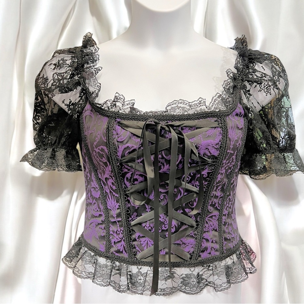 Size Large………Purple & Black‎ Floral Lace Brocade Corset Top.  New……..Widow